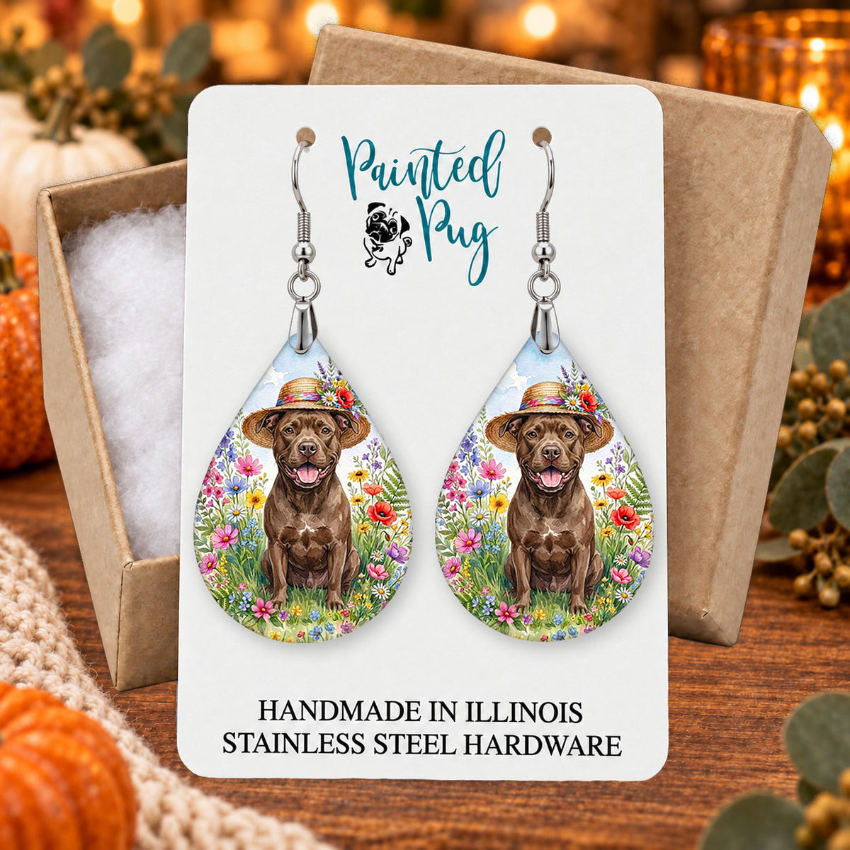 Pitbull wildflower teardrop earrings gift boxed on a seasonal background