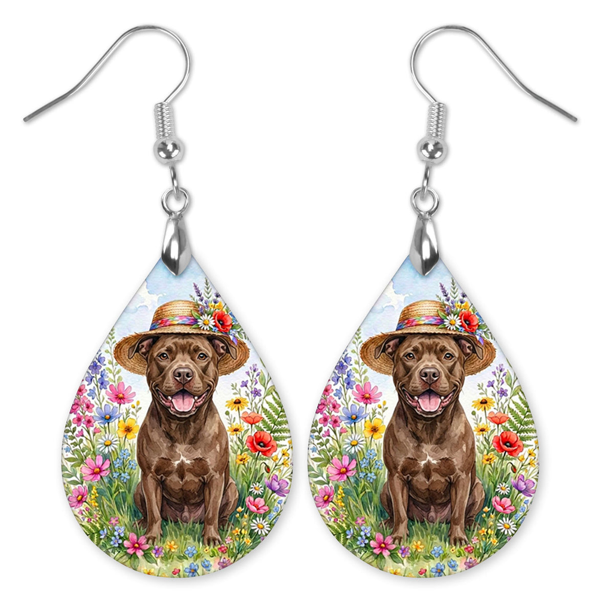 Pitbull in a straw hat in a wildflower field teardrop earrings with silver-tone hooks