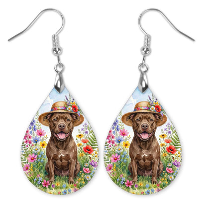 Pitbull in a straw hat in a wildflower field teardrop earrings with silver-tone hooks