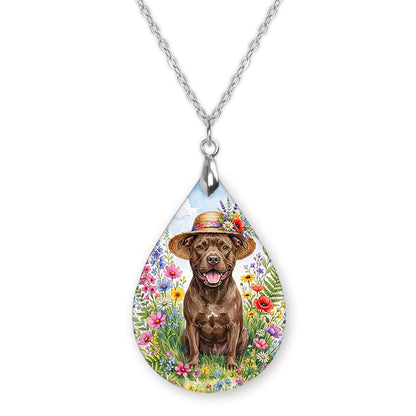 Pitbull wildflower teardrop pendant necklace on a silver-tone chain