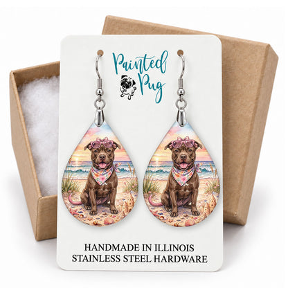 Pitbull beach teardrop earrings on a Painted Pug earring card with a kraft gift box