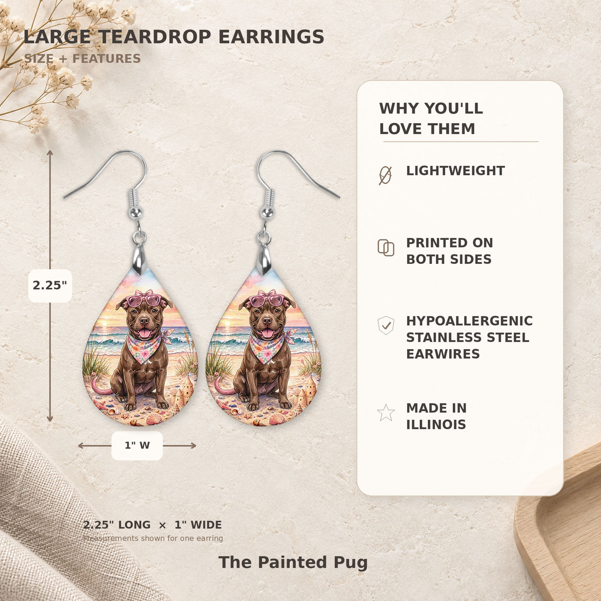 Size and features guide for the pitbull beach teardrop earrings, 2.25 inches long by 1 inch wide