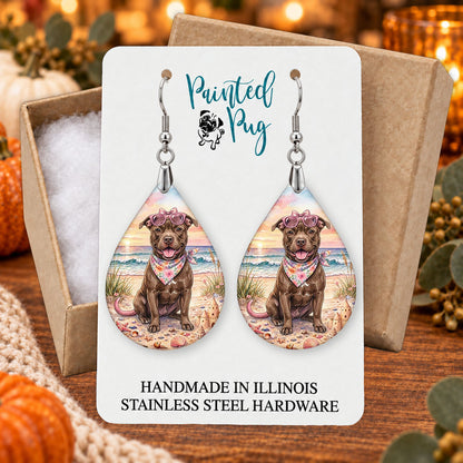Pitbull beach teardrop earrings gift boxed on a seasonal background