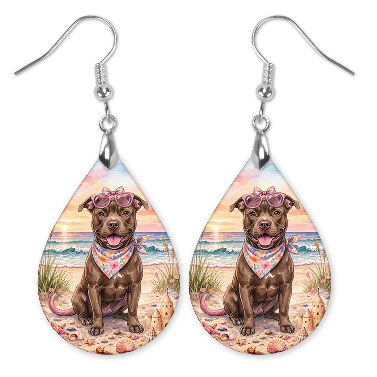 Pitbull in heart sunglasses at the beach teardrop earrings with silver-tone hooks