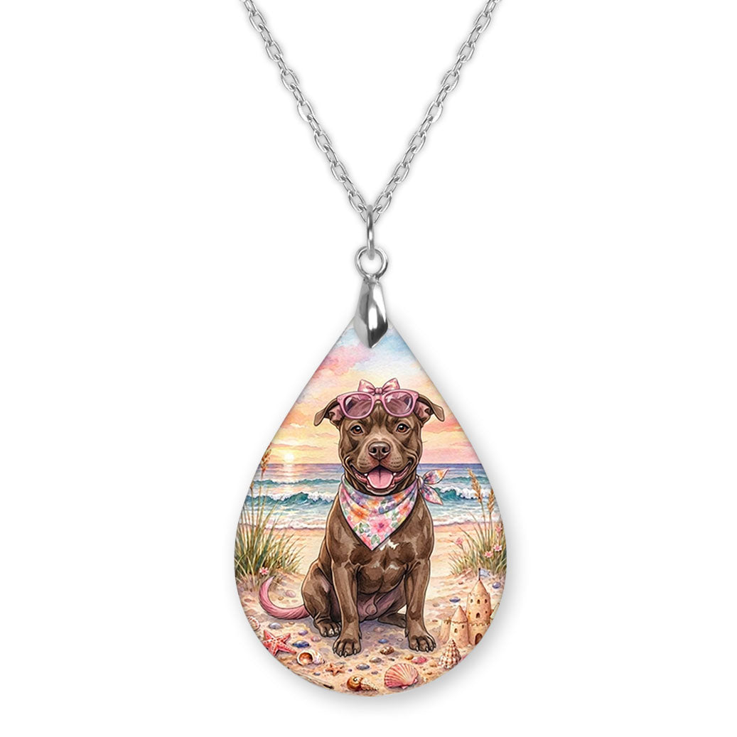 Pitbull beach teardrop pendant necklace on a silver-tone chain