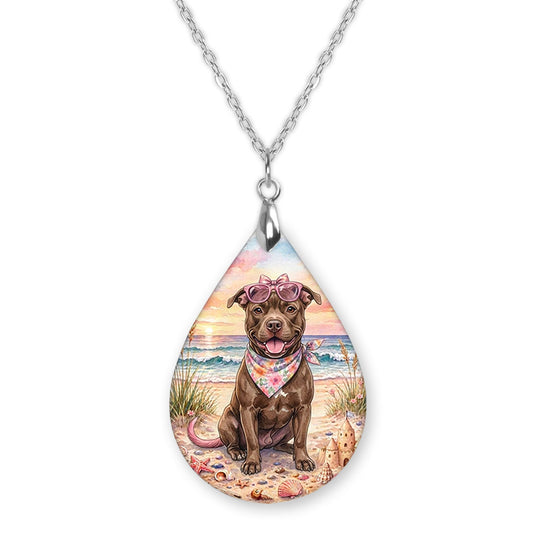 Pitbull beach teardrop pendant necklace on a silver-tone chain