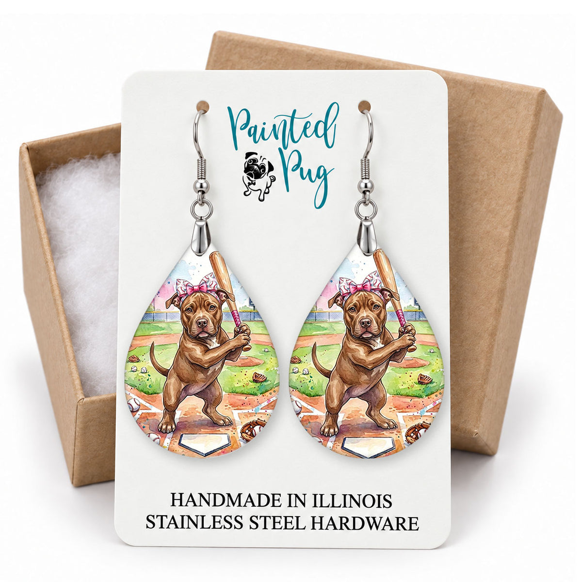 Pitbull baseball teardrop earrings on a Painted Pug earring card with a kraft gift box