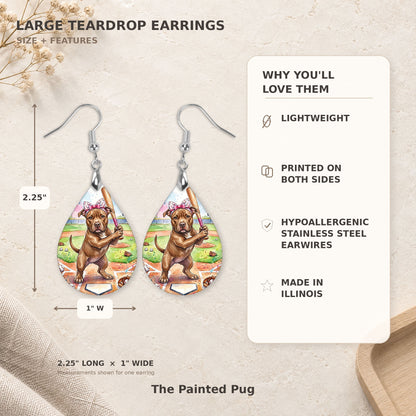 Size and features guide for the pitbull baseball teardrop earrings, 2.25 inches long by 1 inch wide