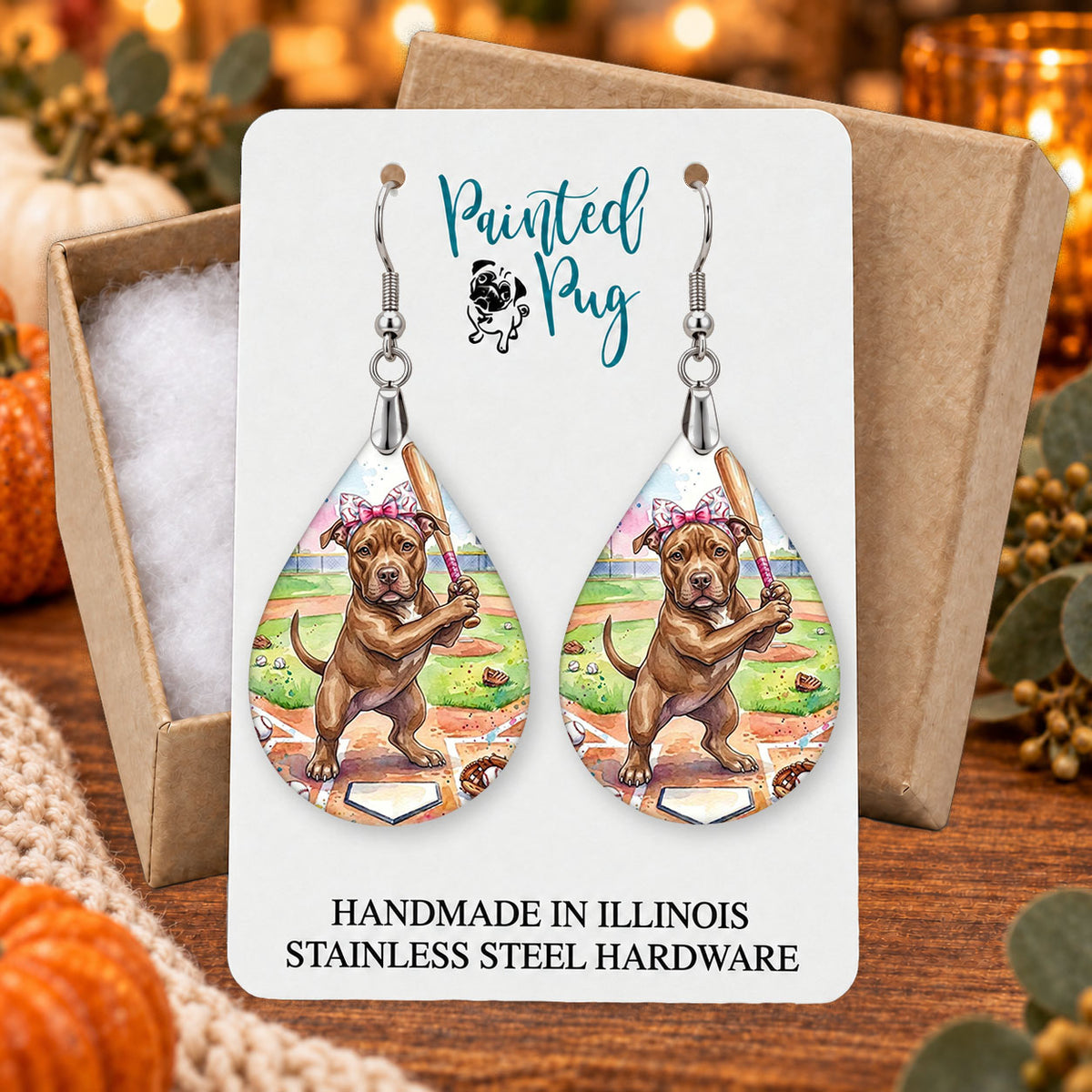 Pitbull baseball teardrop earrings gift boxed on a seasonal background