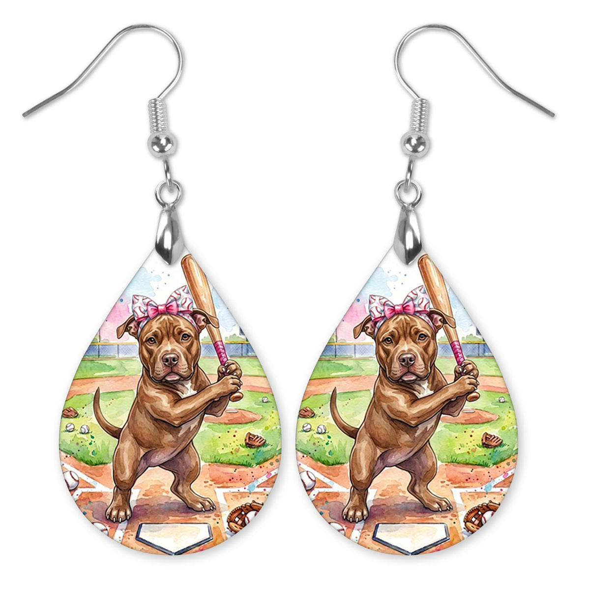 Pitbull swinging a bat at home plate teardrop earrings with silver-tone hooks