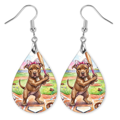 Pitbull swinging a bat at home plate teardrop earrings with silver-tone hooks