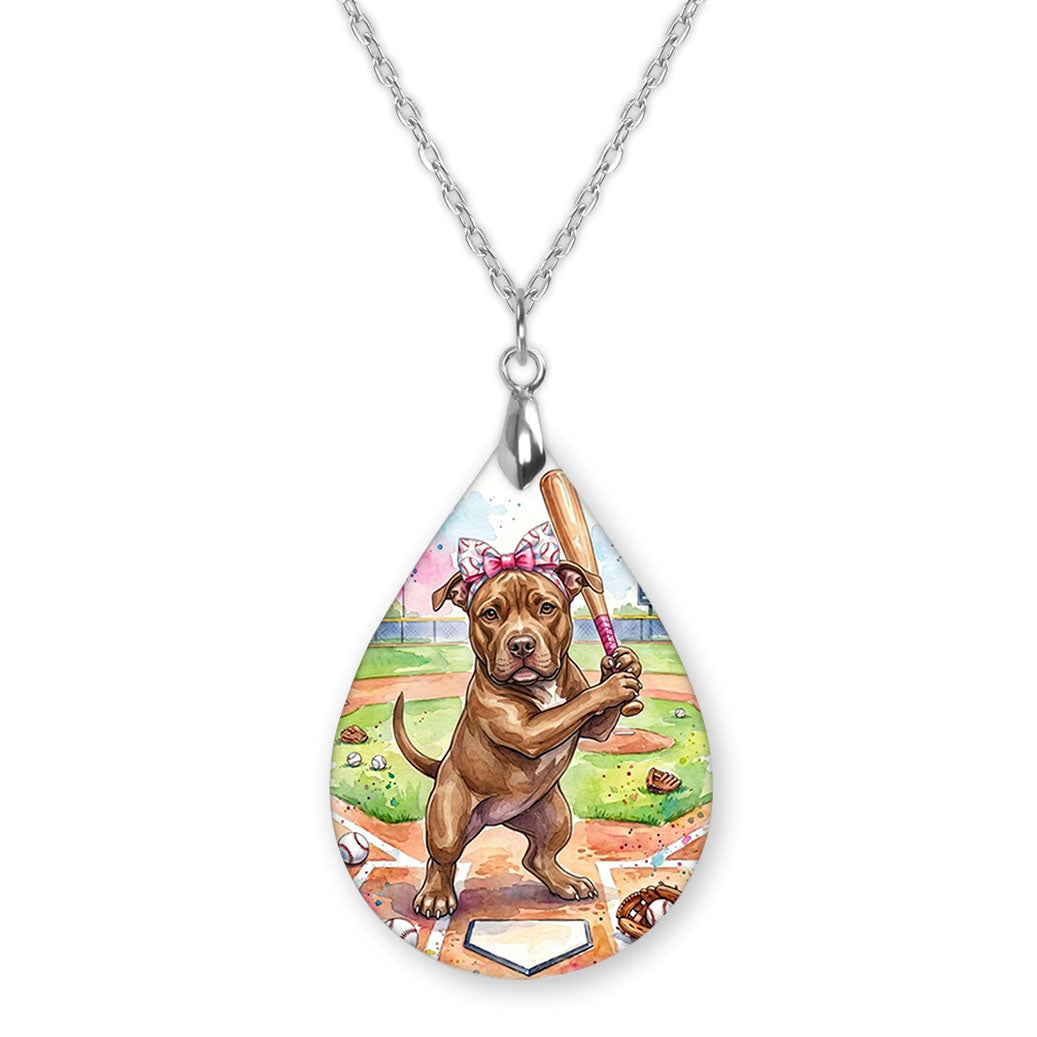 Pitbull baseball teardrop pendant necklace on a silver-tone chain