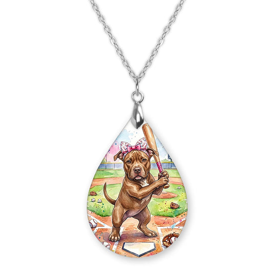 Pitbull baseball teardrop pendant necklace on a silver-tone chain