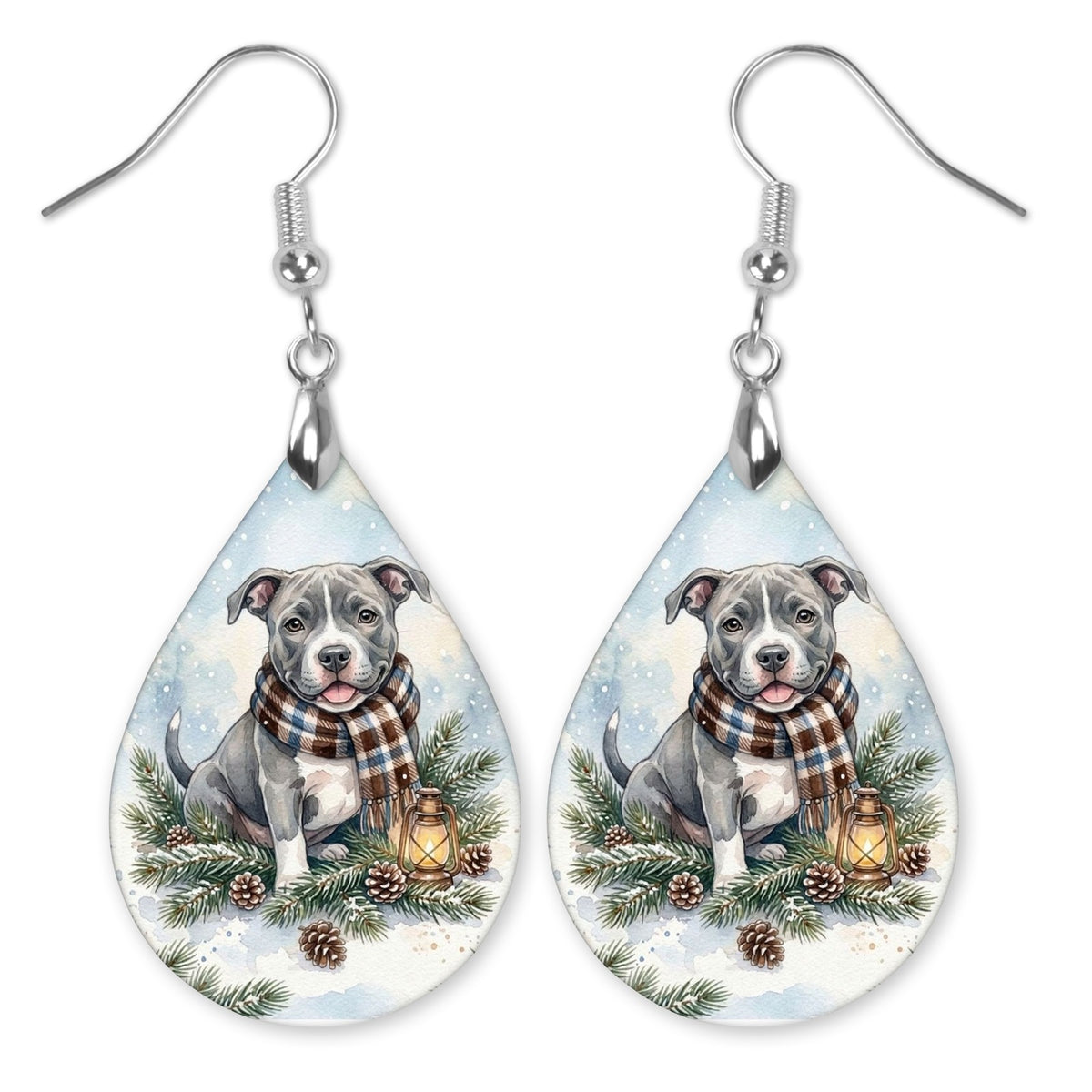 Pitbull Winter Woodland teardrop earrings with silver-tone hooks