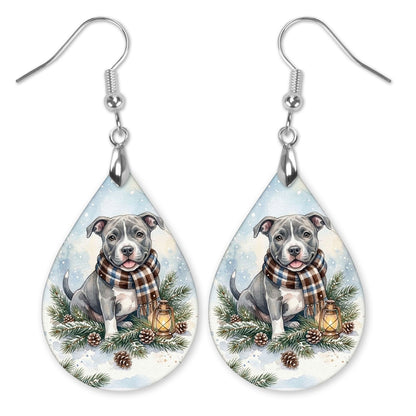 Pitbull Winter Woodland teardrop earrings with silver-tone hooks