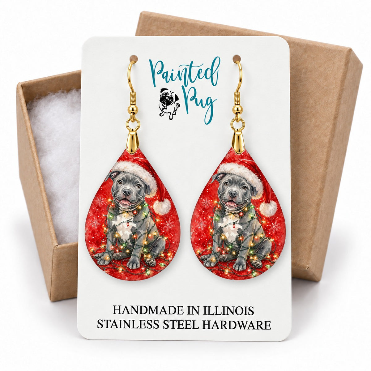 Pitbull Christmas Lights teardrop earrings on a gift box card