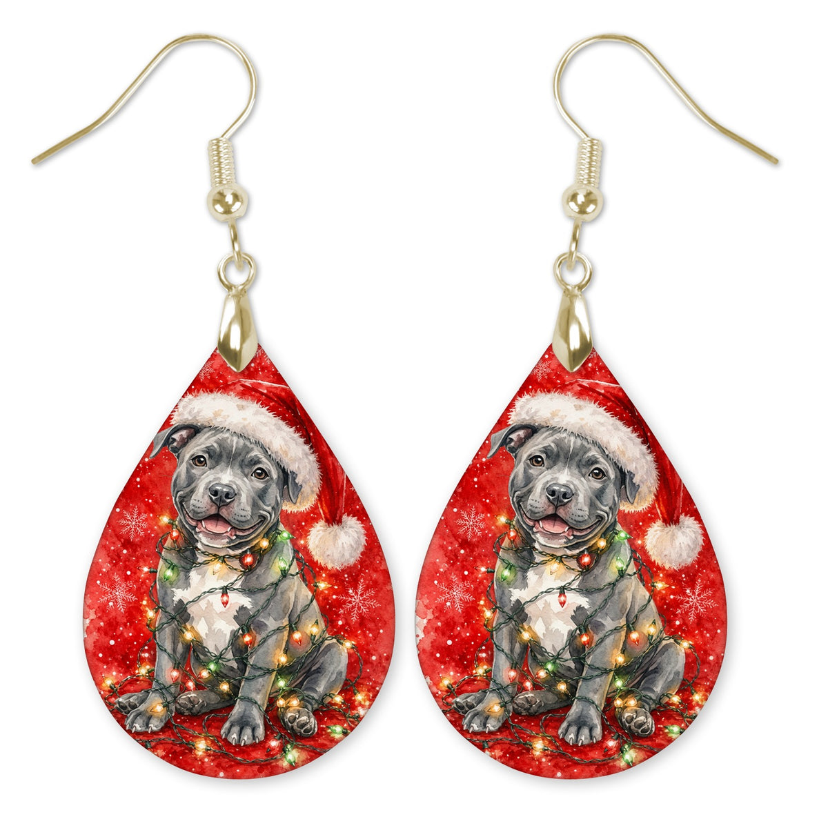 Pitbull Christmas Lights teardrop earrings with gold-tone hooks