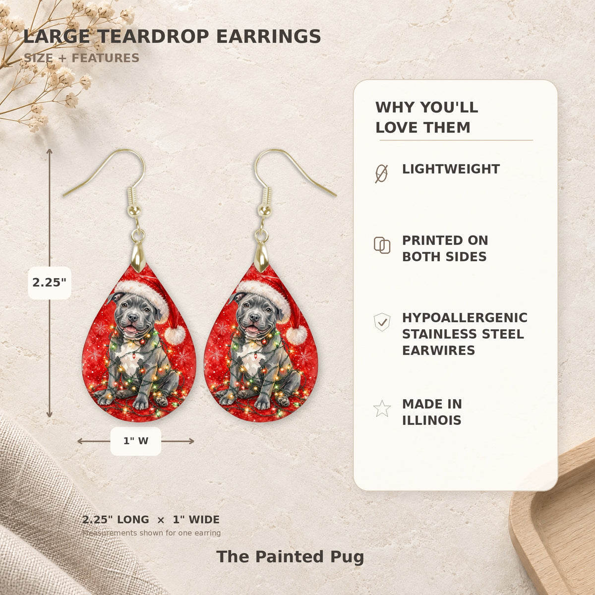 Earring size guide: 2.25 inches long with hook, 1 inch wide