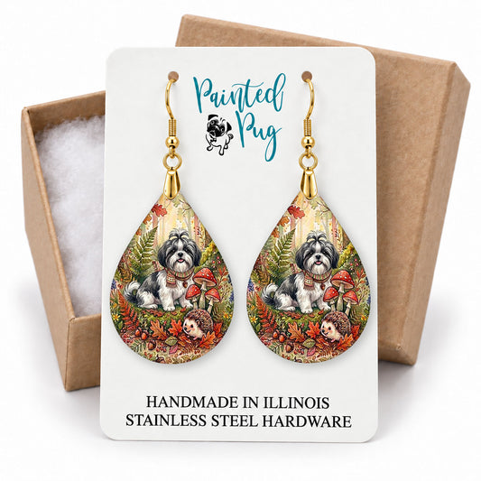 Black and White Shih Tzu woodland teardrop earrings on a Painted Pug earring card with a kraft gift box
