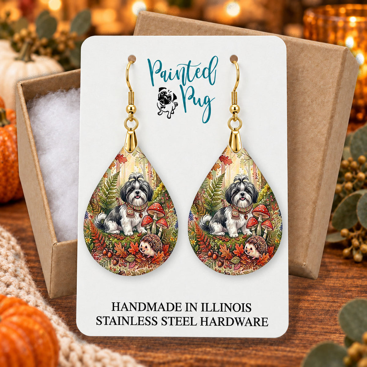 Black and White Shih Tzu woodland teardrop earrings gift boxed on a cozy fall background
