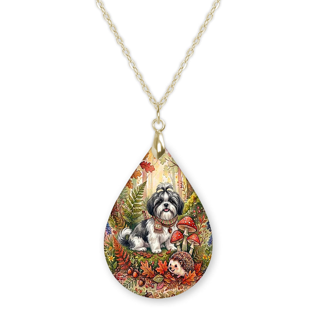 Black and White Shih Tzu woodland teardrop pendant necklace on a gold-tone chain