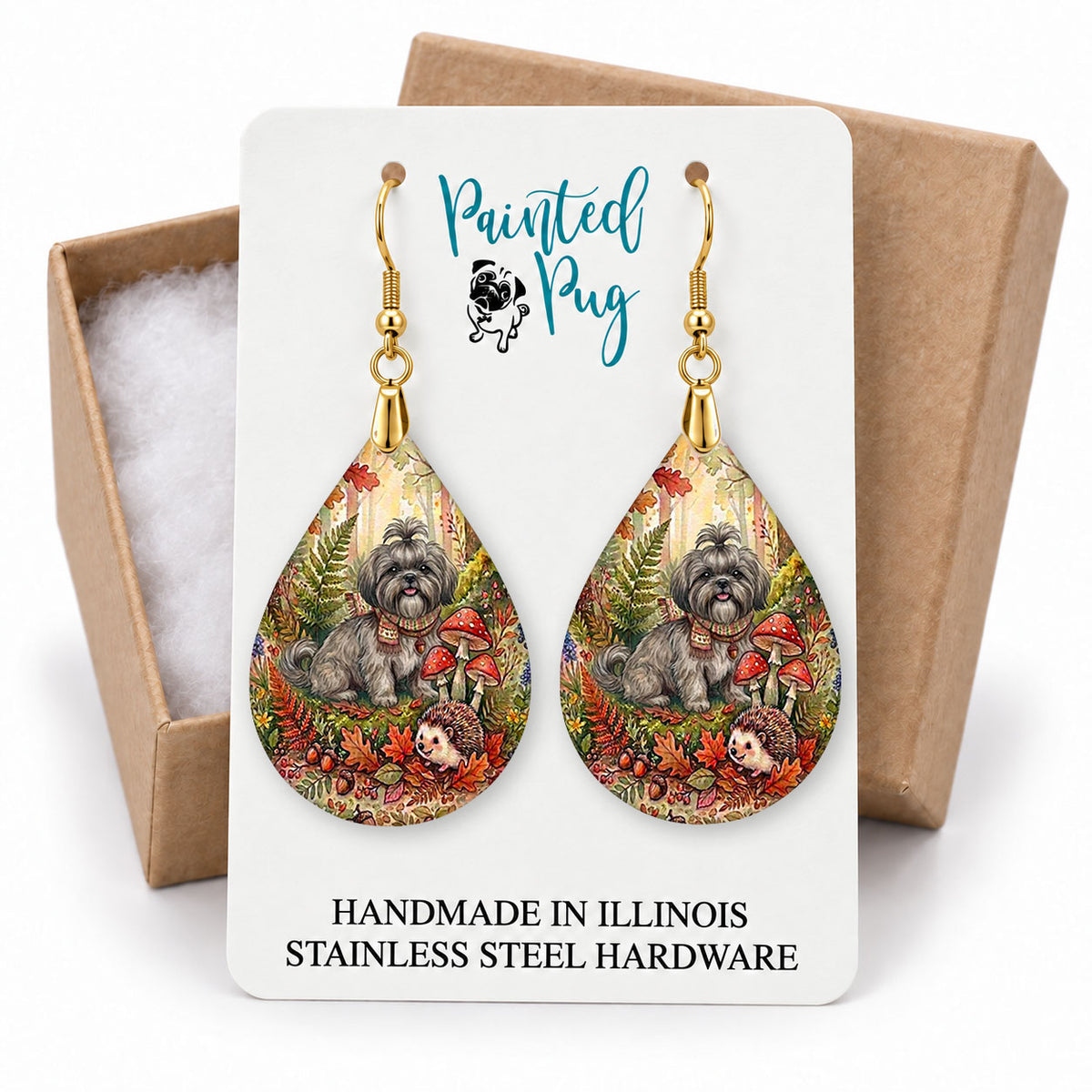 Grey Shih Tzu woodland teardrop earrings on a Painted Pug earring card with a kraft gift box