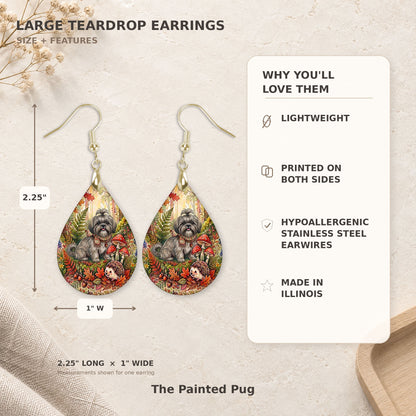 Size and features guide for the grey shih tzu woodland teardrop earrings, 2.25 inches long by 1 inch wide
