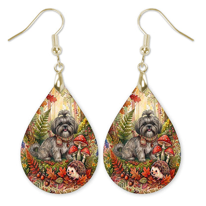 Grey Shih Tzu in an autumn woodland teardrop earrings with gold-tone hooks