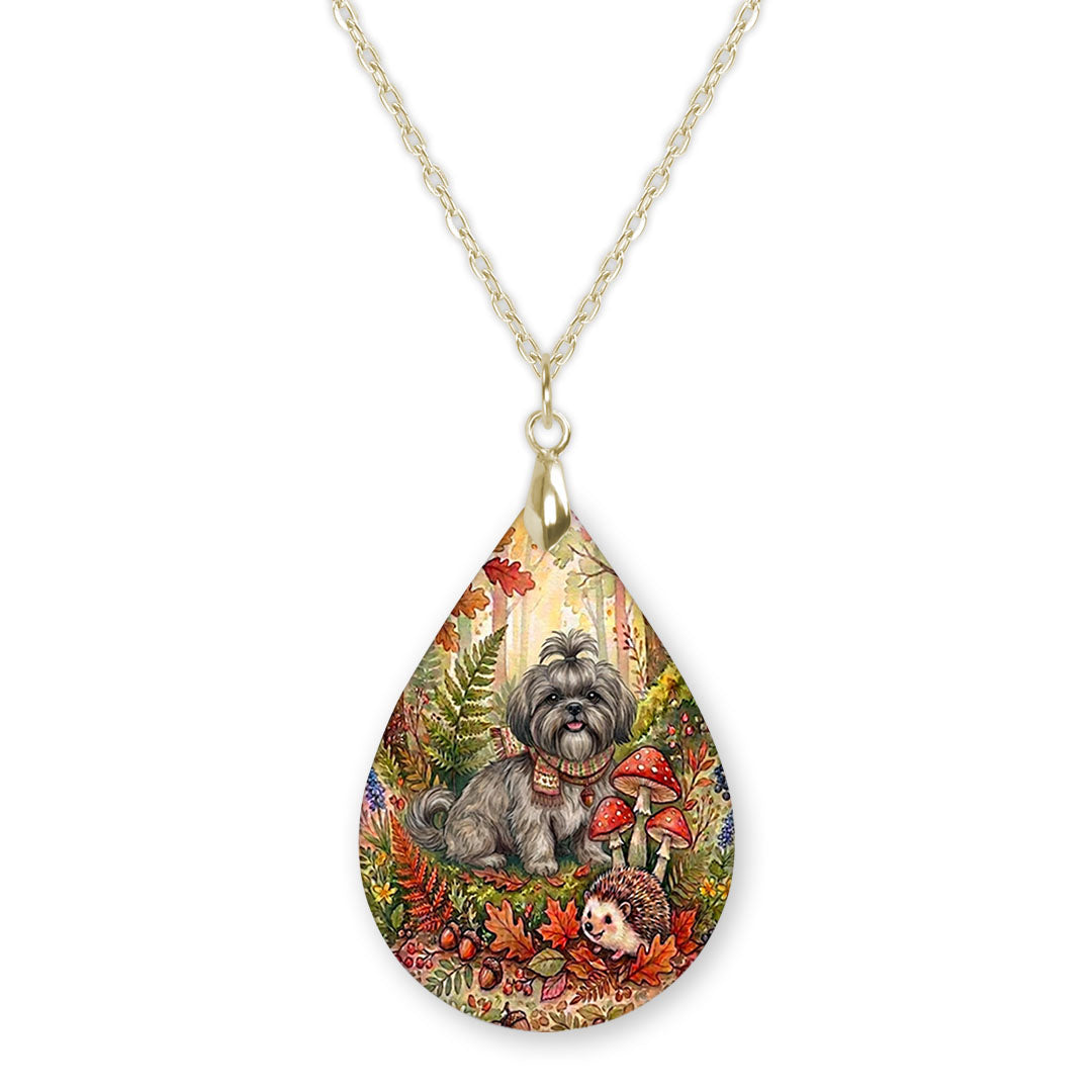 Grey Shih Tzu woodland teardrop pendant necklace on a gold-tone chain