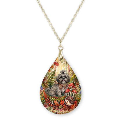 Grey Shih Tzu woodland teardrop pendant necklace on a gold-tone chain