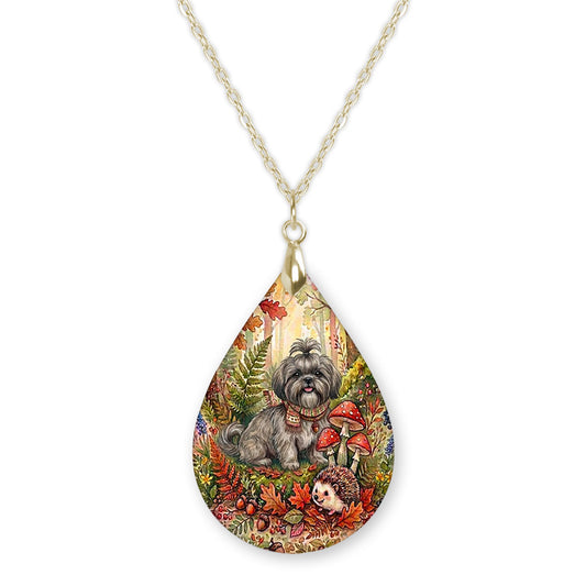 Grey Shih Tzu woodland teardrop pendant necklace on a gold-tone chain