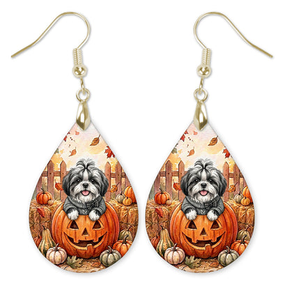 Black and White Shih Tzu in a jack-o'-lantern teardrop earrings with gold-tone hooks