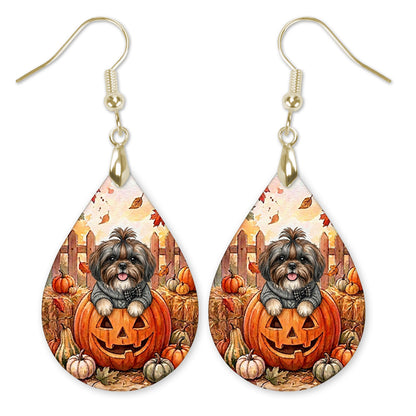 Grey Shih Tzu in a jack-o'-lantern teardrop earrings with gold-tone hooks