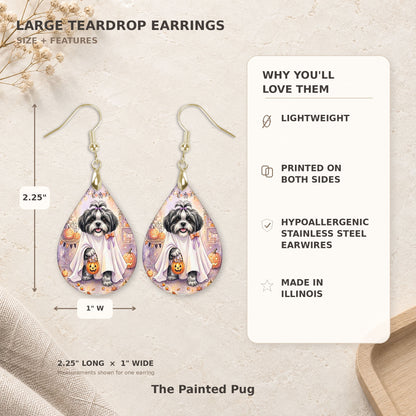 Size and features guide for the black-and-white shih tzu ghost teardrop earrings, 2.25 inches long by 1 inch wide
