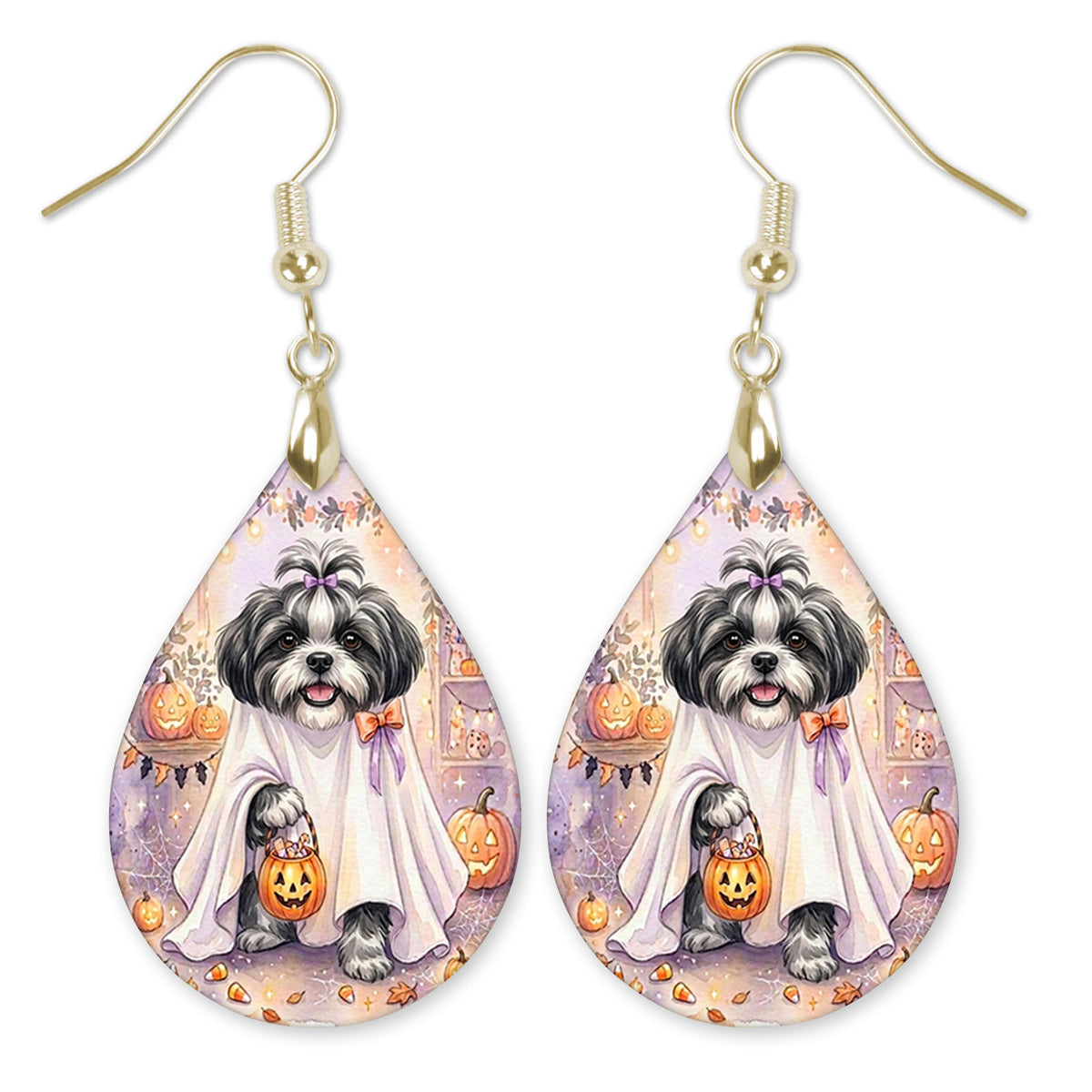 Black and White Shih Tzu in a ghost costume with a candy bucket teardrop earrings with gold-tone hooks