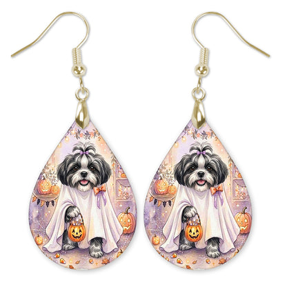 Black and White Shih Tzu in a ghost costume with a candy bucket teardrop earrings with gold-tone hooks