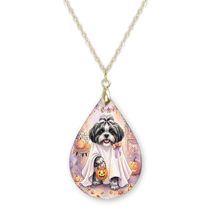 Black and White Shih Tzu ghost teardrop pendant necklace on a gold-tone chain