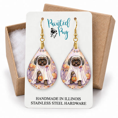 Grey Shih Tzu ghost teardrop earrings on a Painted Pug earring card with a kraft gift box