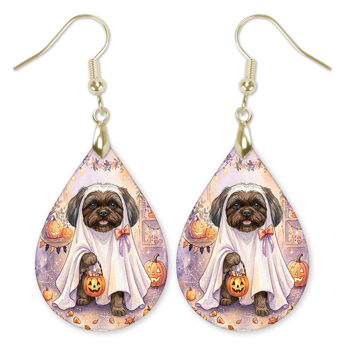 Grey Shih Tzu in a ghost costume with a candy bucket teardrop earrings with gold-tone hooks
