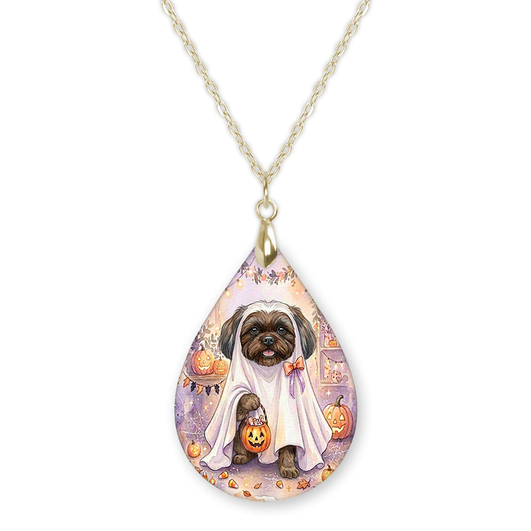 Grey Shih Tzu ghost teardrop pendant necklace on a gold-tone chain
