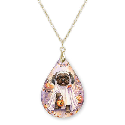 Grey Shih Tzu ghost teardrop pendant necklace on a gold-tone chain