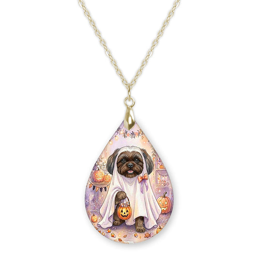 Grey Shih Tzu ghost teardrop pendant necklace on a gold-tone chain