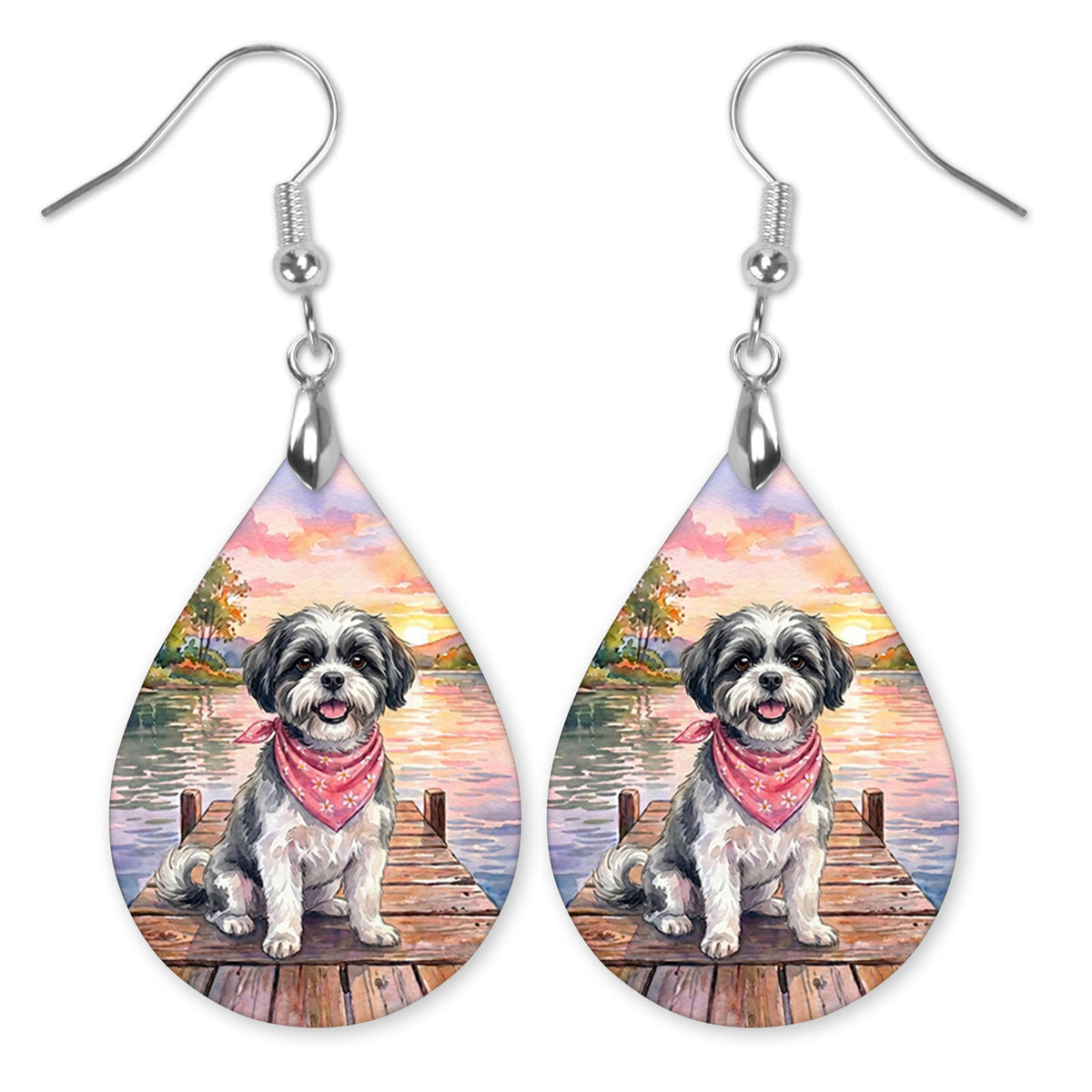 Black and White Shih Tzu on a dock at a lake sunset teardrop earrings with silver-tone hooks