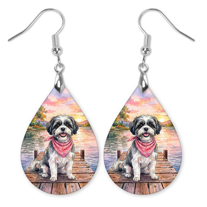 Black and White Shih Tzu on a dock at a lake sunset teardrop earrings with silver-tone hooks