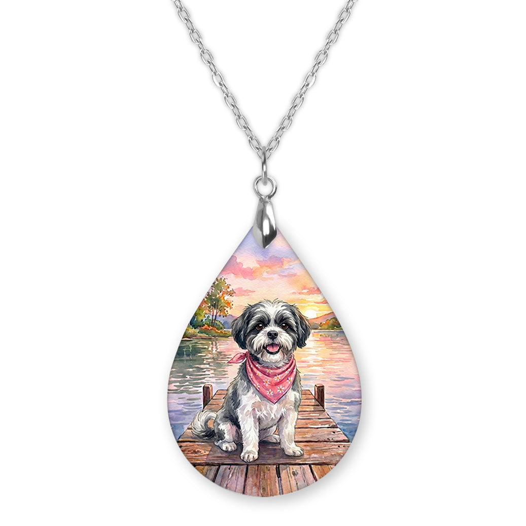 Black and White Shih Tzu lake teardrop pendant necklace on a silver-tone chain