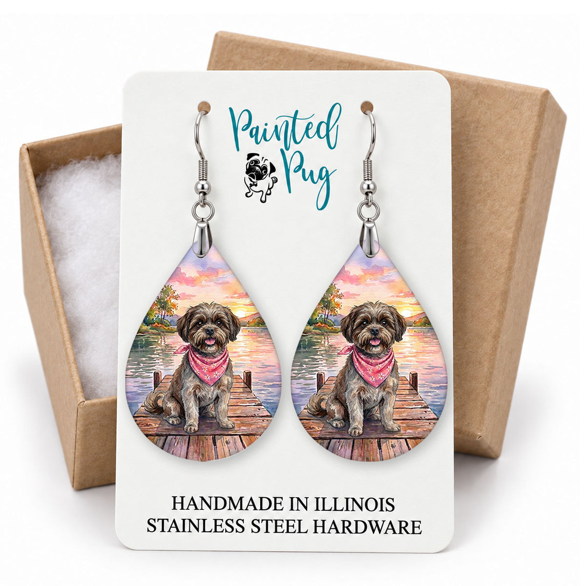 Brown Shih Tzu lake teardrop earrings on a Painted Pug earring card with a kraft gift box