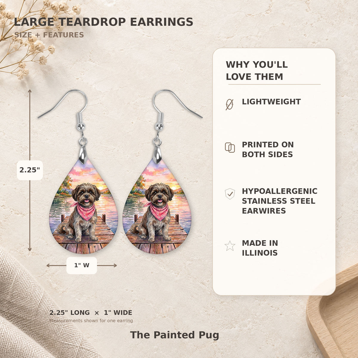Size and features guide for the brown shih tzu lake teardrop earrings, 2.25 inches long by 1 inch wide