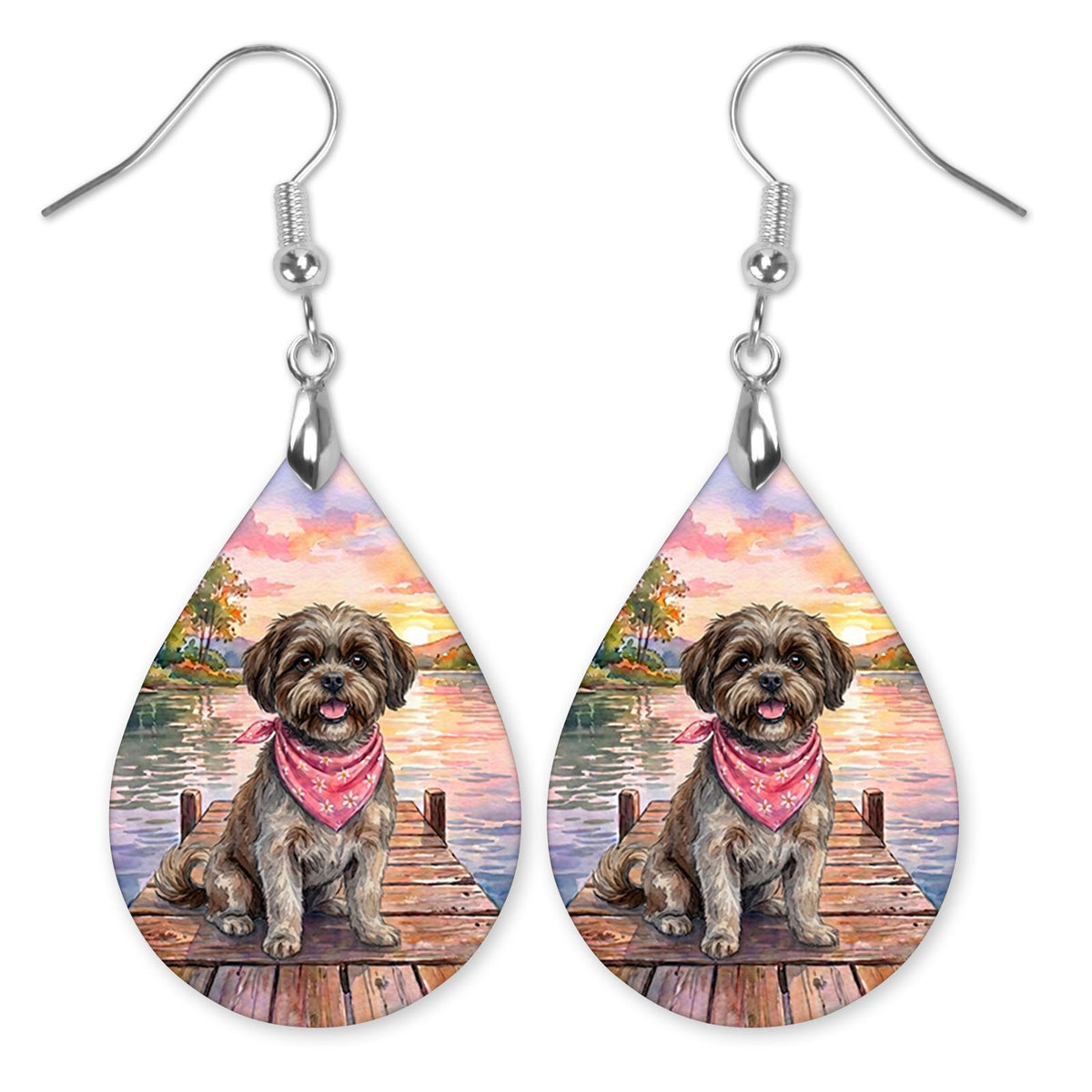 Brown Shih Tzu on a dock at a lake sunset teardrop earrings with silver-tone hooks