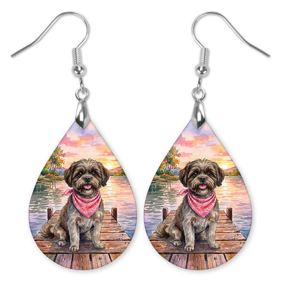 Brown Shih Tzu on a dock at a lake sunset teardrop earrings with silver-tone hooks