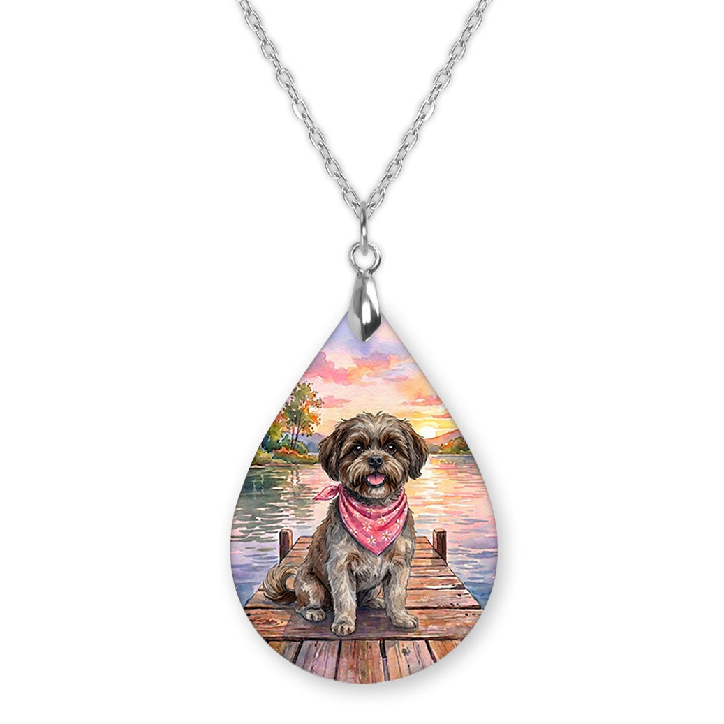 Brown Shih Tzu lake teardrop pendant necklace on a silver-tone chain